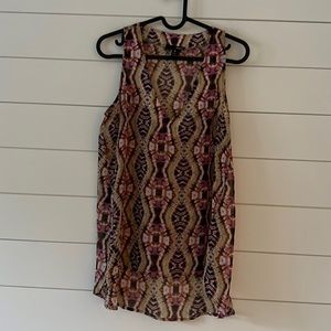 Silky high low tribal print v-neck tank polyester brown pink orange XS generous